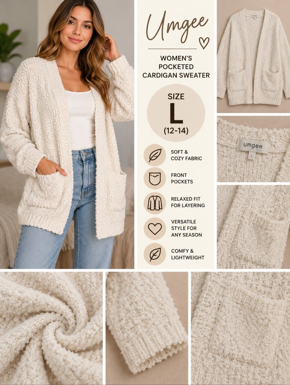 Umgee women's large white soft Pocketed cardigan sweater #37